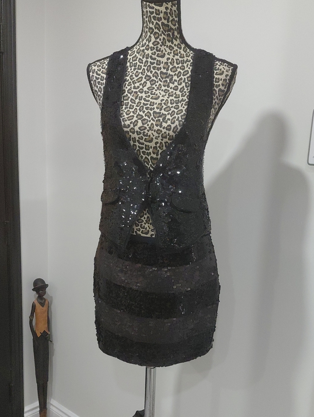 Black Sequin Sleeveless Vest With Skirt Detail